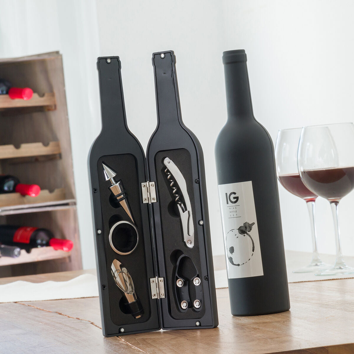 Estuche botella con accesorios de vino (5 piezas)